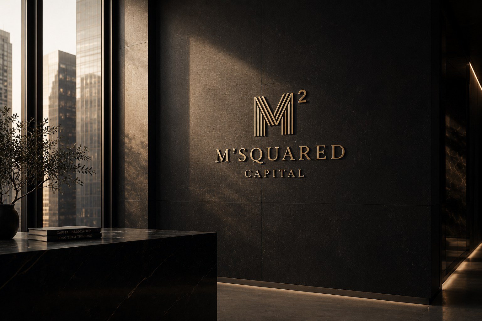 The M’Squared Capital reception wall in evening light